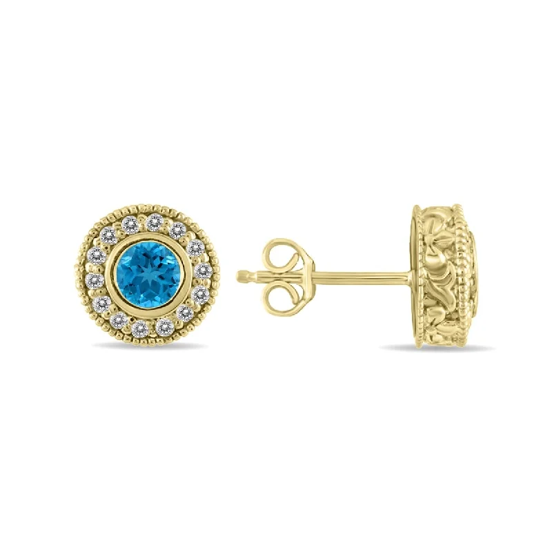 Marquee 1/2 Carat TW Blue Topaz and Diamond Bezel Set Earrings 10K Yellow Gold