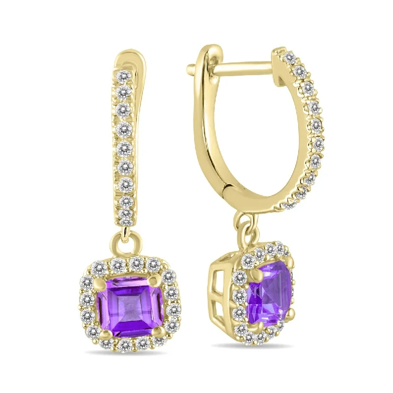 Marquee 1 Carat Amethyst and Diamond Halo Dangle Earrings in 10K Yellow Gold