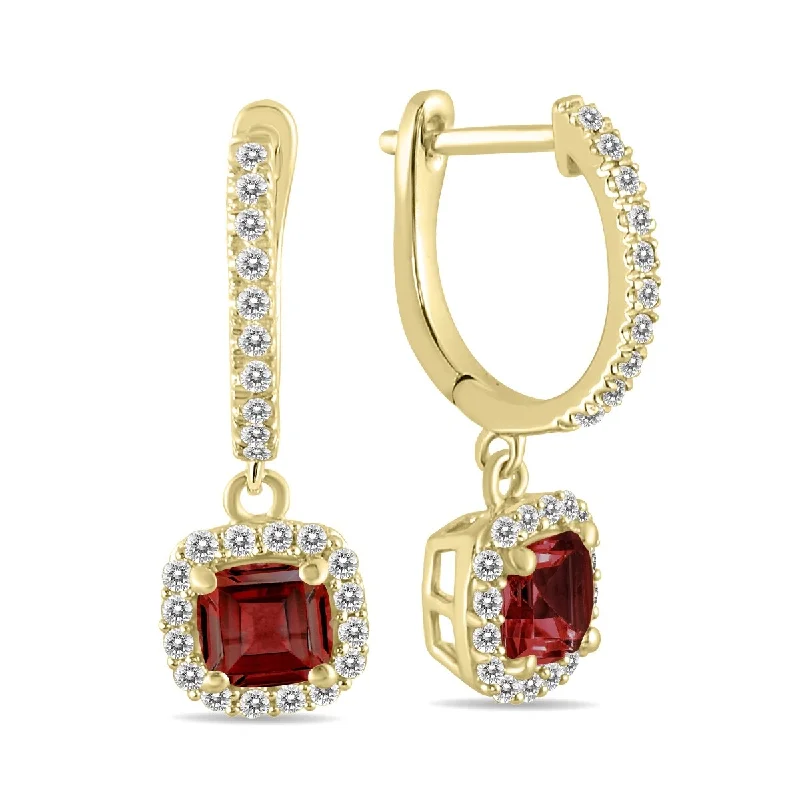 Marquee 1 Carat Garnet and Diamond Halo Dangle Earrings in 10K Yellow Gold