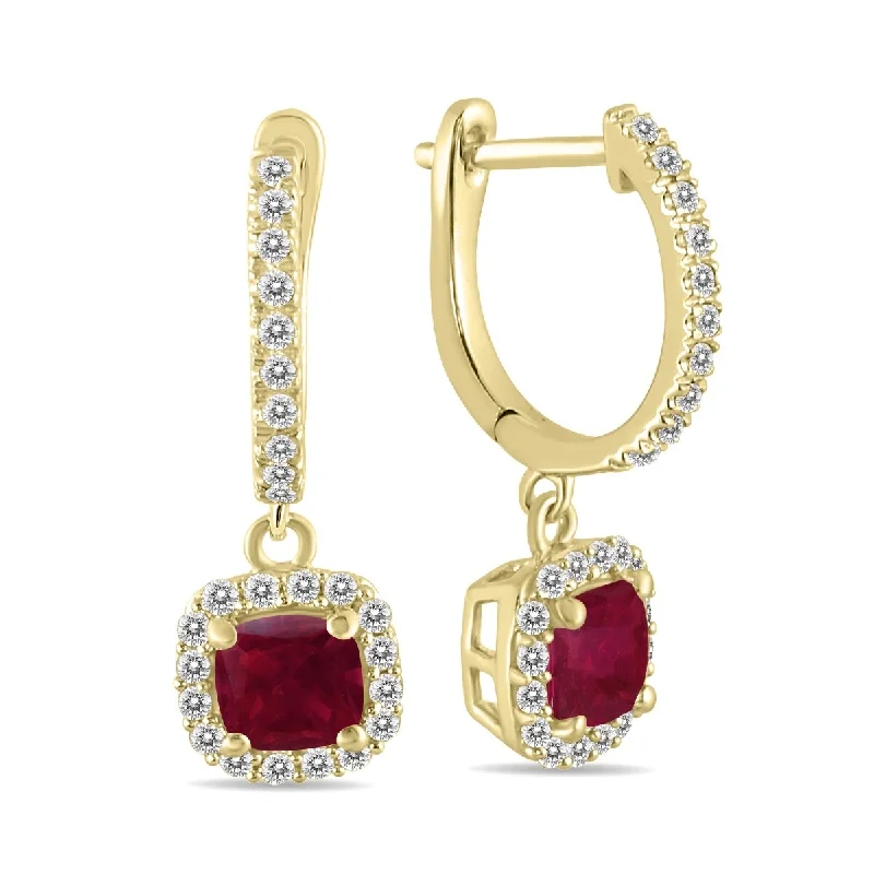 Marquee 1 Carat Ruby and Diamond Halo Dangle Earrings in 10K Yellow Gold