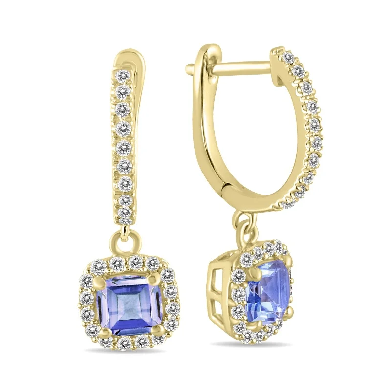 Marquee 1 Carat Tanzanite and Diamond Halo Dangle Earrings in 10K Yellow Gold