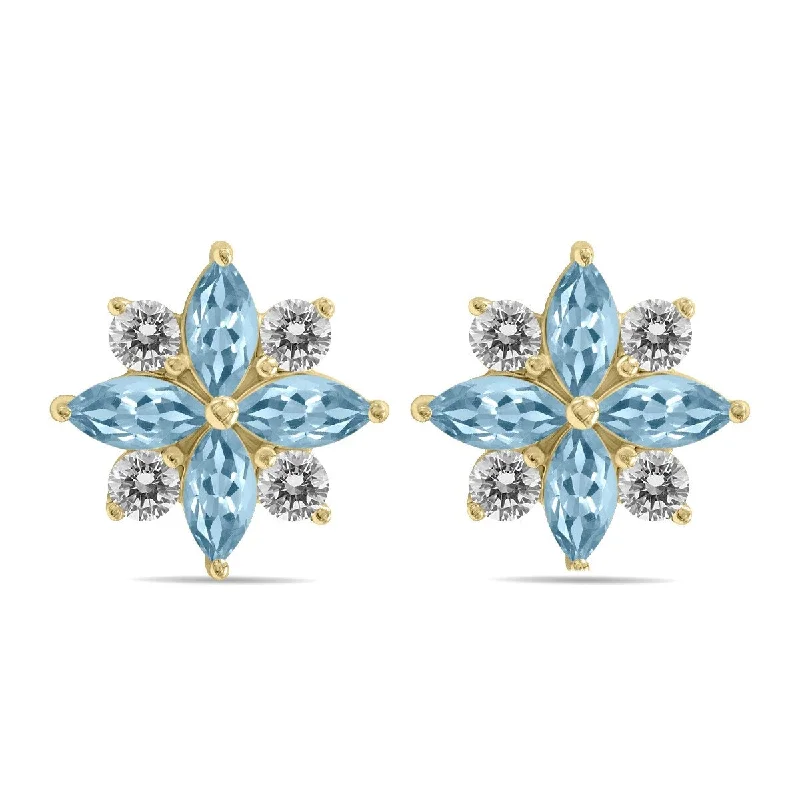 Marquee 1 Carat TW Aquamarine and Diamond Flower Earrings in 10K Yellow Gold