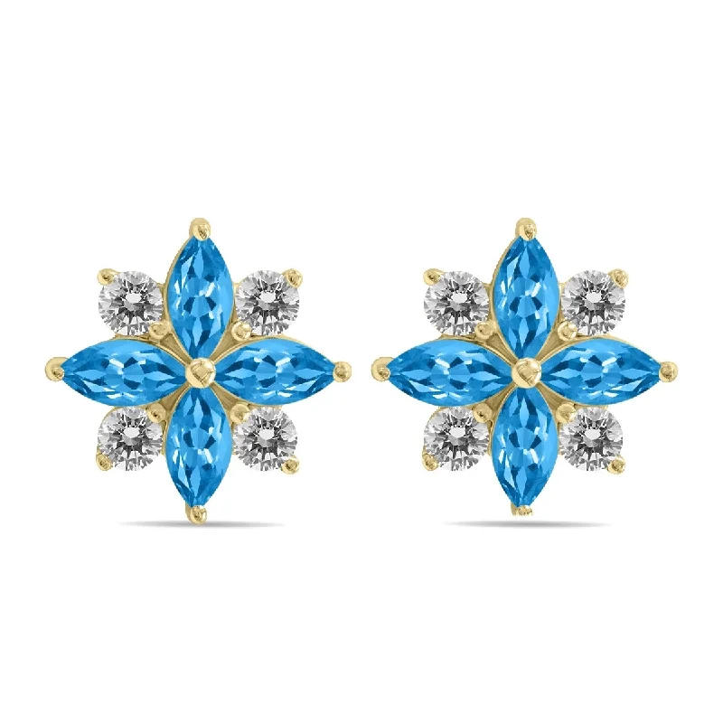 Marquee 1 Carat TW Blue Topaz and Diamond Flower Earrings in 10K Yellow Gold