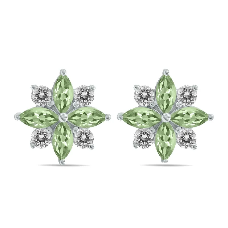 Marquee 1 Carat TW Green Amethyst and Diamond Flower Earrings in 10K White Gold