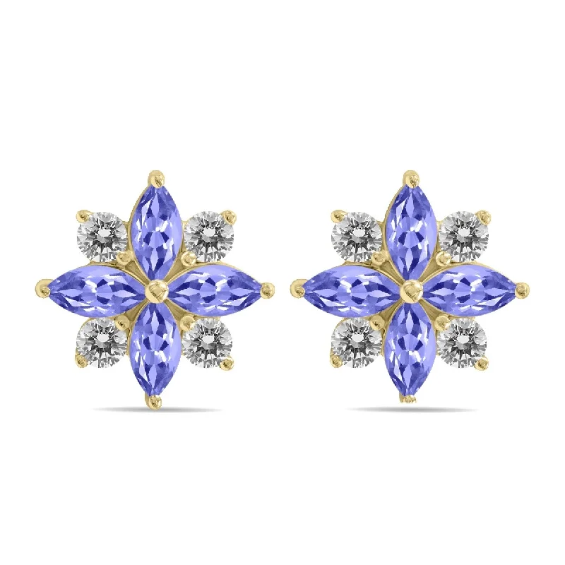 Marquee 1 Carat TW Tanzanite and Diamond Flower Earrings in 10K Yellow Gold