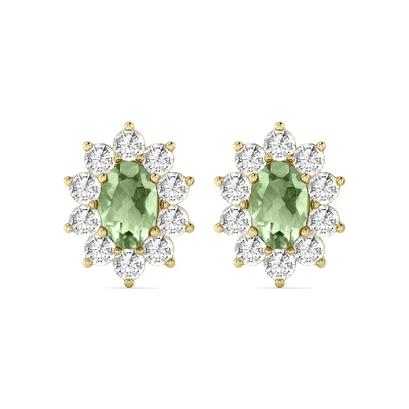 Marquee Oval Shape Green Amethyst and Diamond Flower Earrings in 14K Yellow Gold