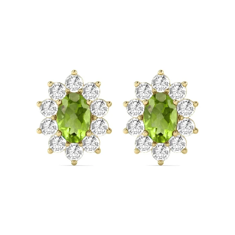 Marquee Oval Shape Peridot and Diamond Flower Earrings in 14K Yellow Gold