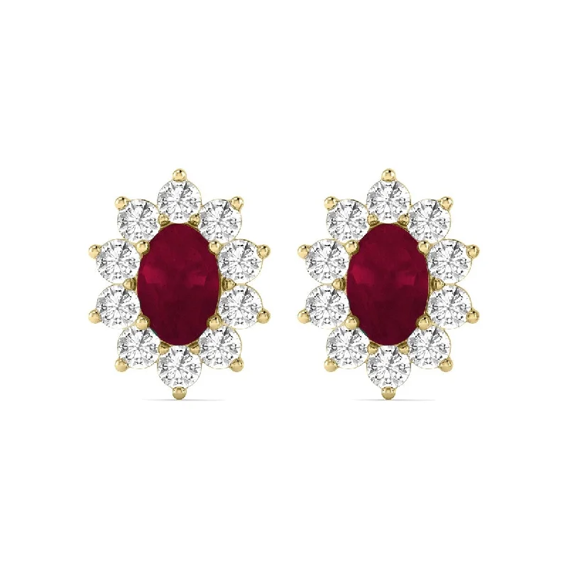 Marquee Oval Shape Ruby and Diamond Flower Earrings in 14K Yellow Gold