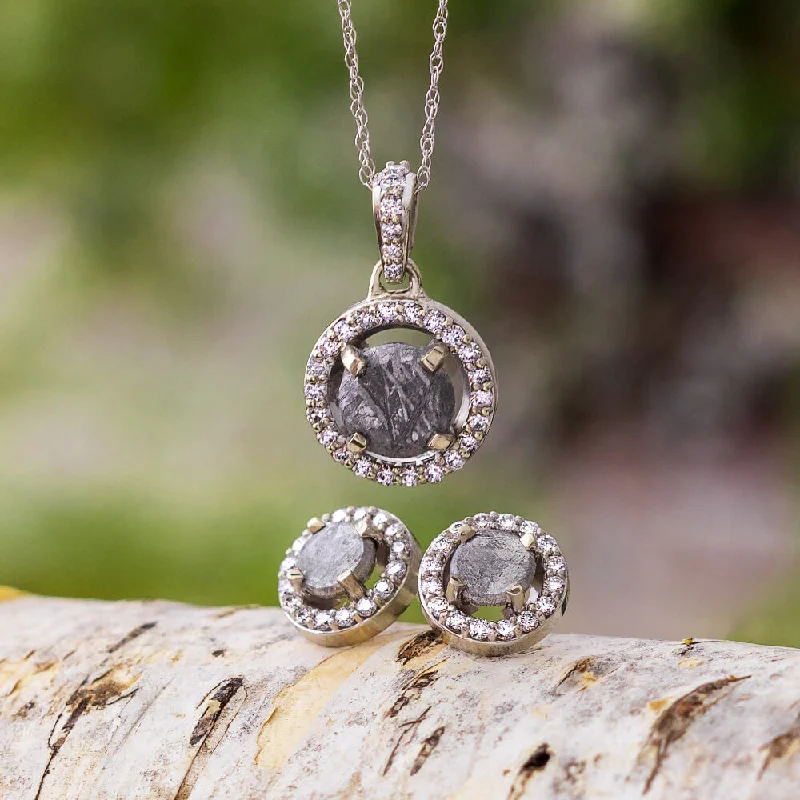 Halo Diamond & Meteorite Gift Set, Matching Earrings and Necklace