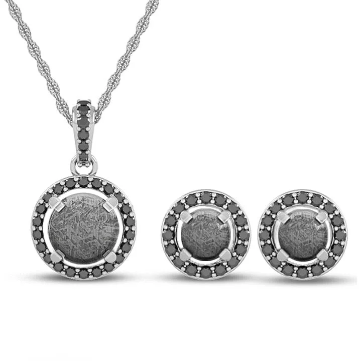 Meteorite Necklace & Earrings Gift Set With Black Diamonds