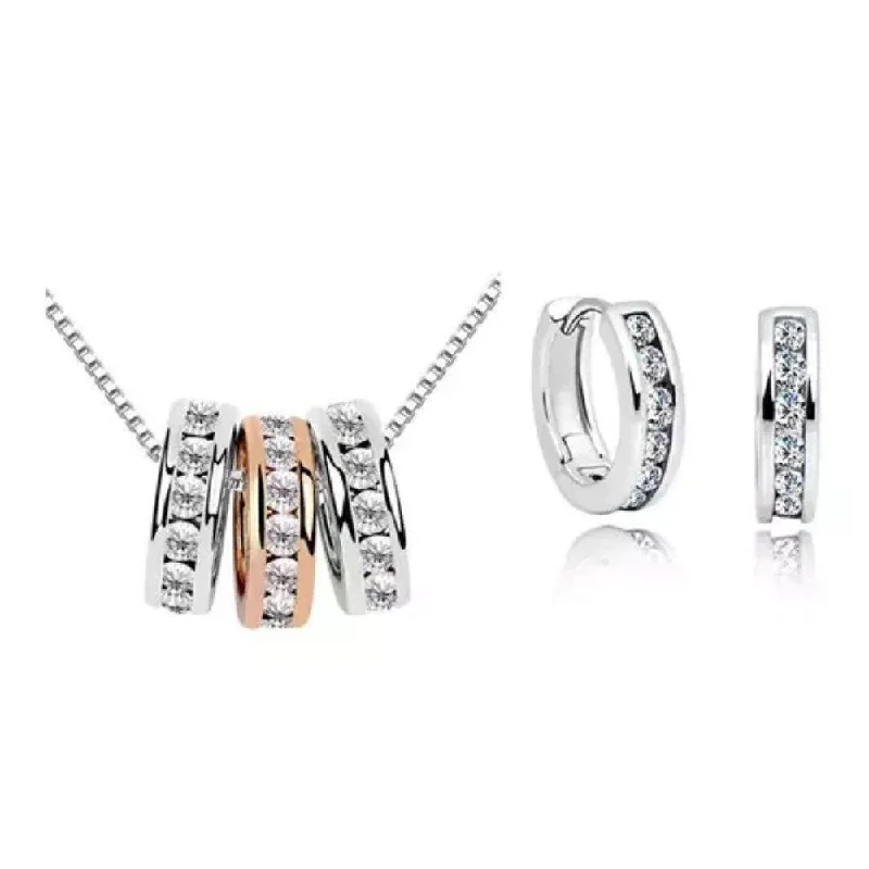 Milan Necklace and Huggie Earring Set 18K White Gold ,Rose Gold Plated