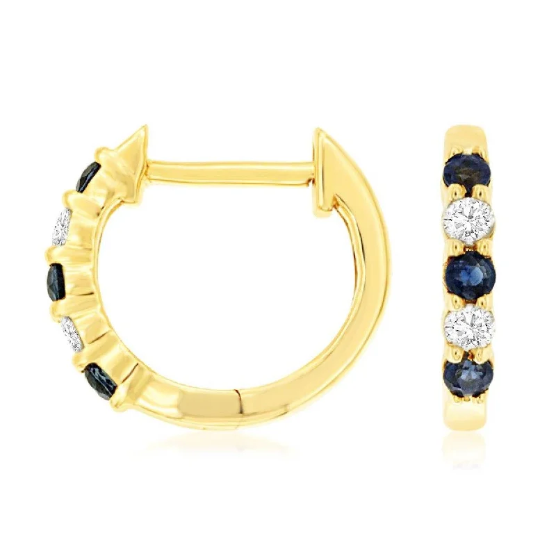 Natural Blue Sapphire and Diamond Huggie Hoop Earrings in Yellow Gold