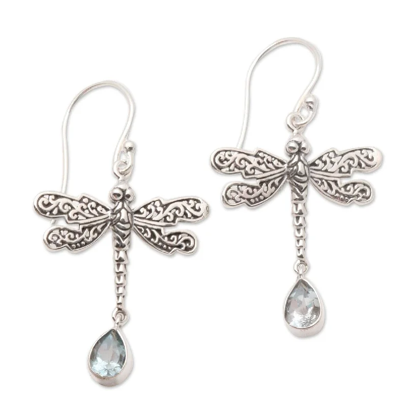 NOVICA Dragonfly Freedom, Blue topaz dangle earrings - 1.6" L x 0.8" W x 0.1" D