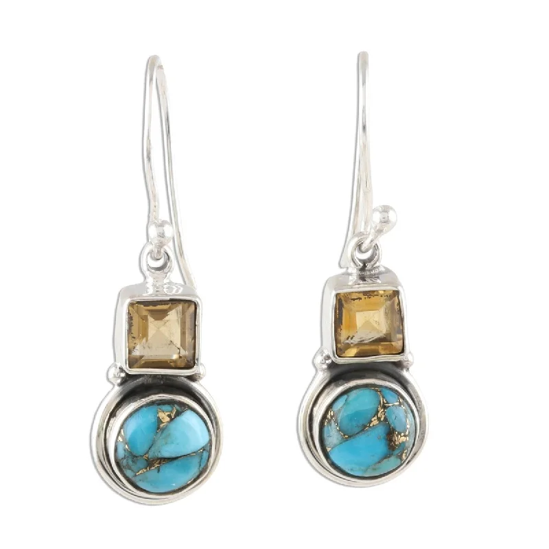 NOVICA Glittering Combo, Citrine and composite turquoise dangle earrings - 1.1*0.3