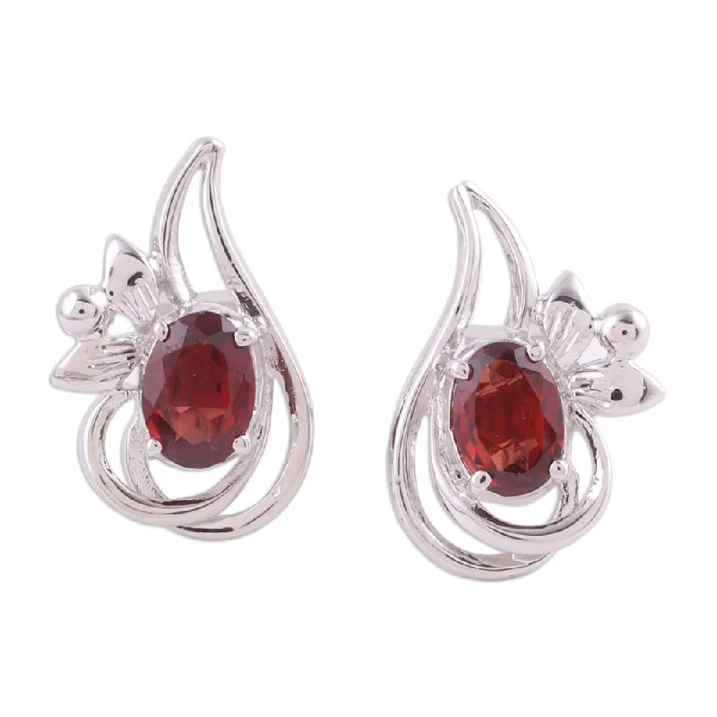 NOVICA Handmade Rhodium Plated Garnet Button Earrings, 'Classic Paisley' (India) - 0.7*0.4