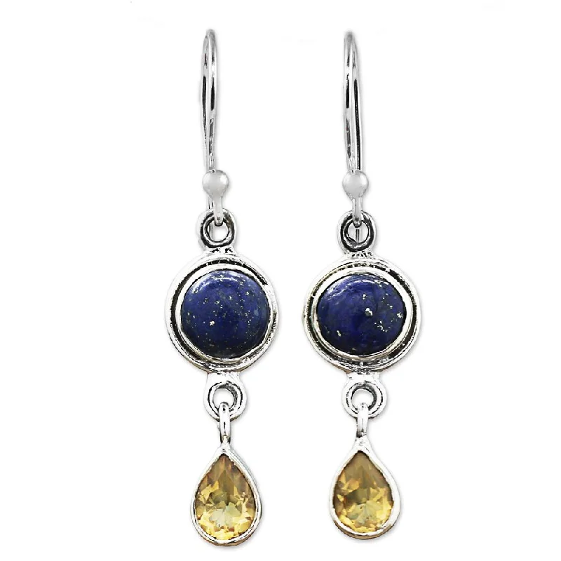 NOVICA Handmade Sterling Silver Drops of Sun Lapis Lazuli Citrine Earrings (India) - 1.7*0.4