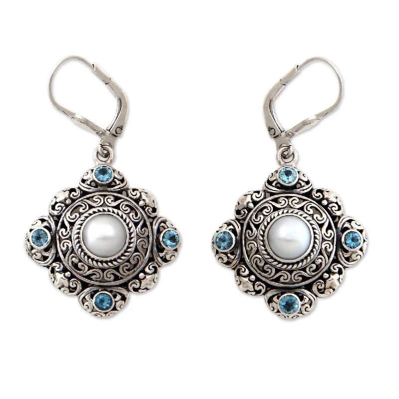 NOVICA Mahameru, Cultured pearl and blue topaz dangle earrings - 2L*1W