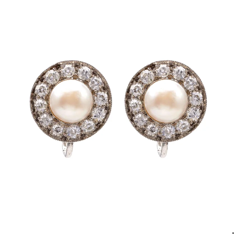 Pair of Art Deco GIA Pearl and Diamond Platinum Earrings