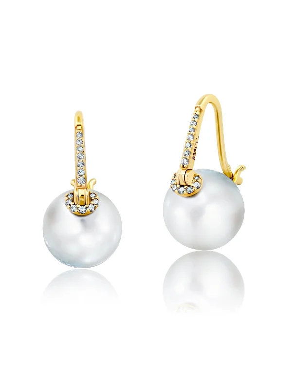 Pearl With Pave Stem Leverback Earrings