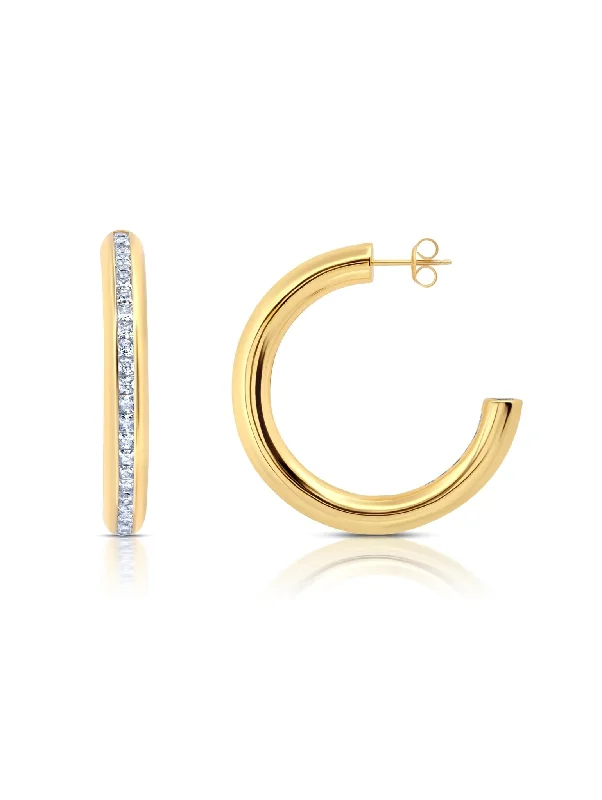 Princess Cut Channel Set Hoop Earrings Finished In 18Kt Yellow Gold Sale