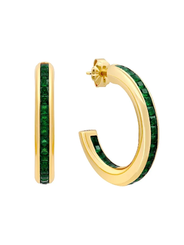 Princess Cut Emerald Color Hoop Earrings