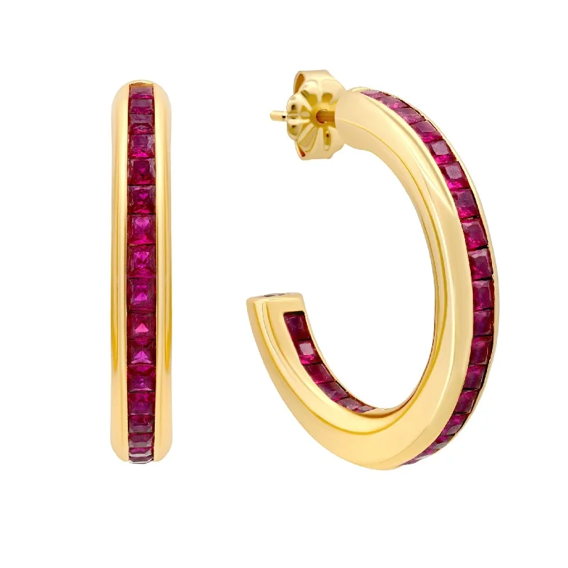 Princess Cut Ruby Color Hoop Earrings