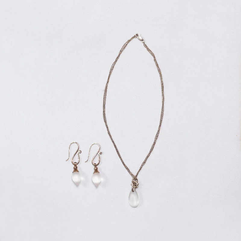 Set of Silver Necklace and Earrings with Frosted Glass