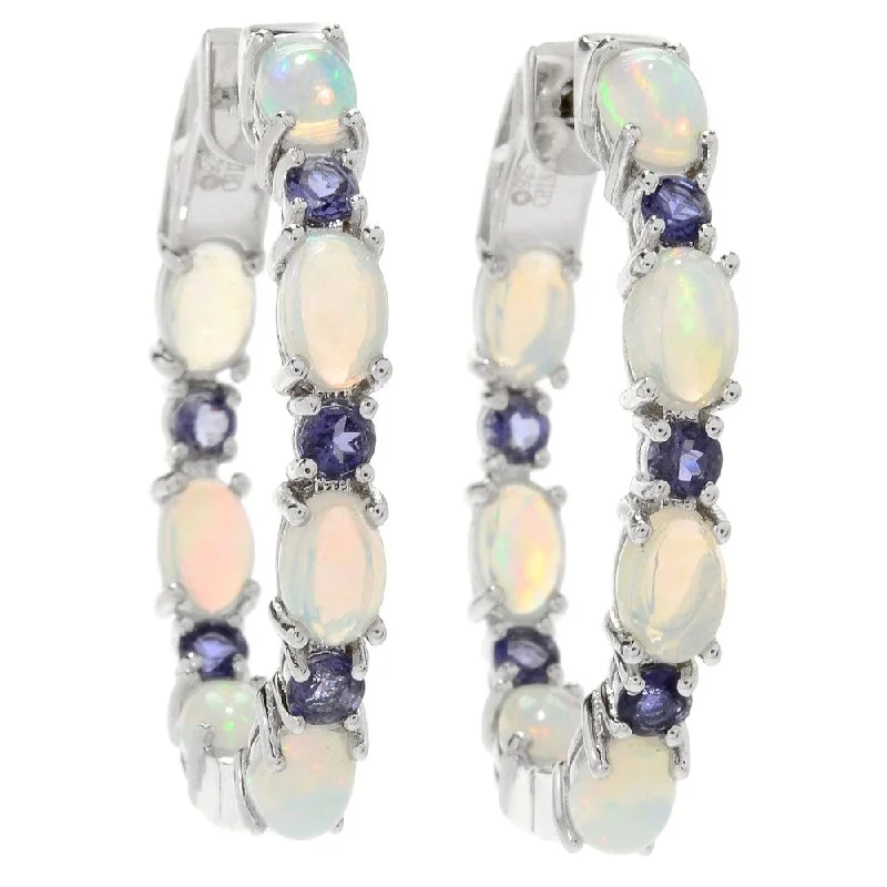 Sterling Silver 1.25" Ethiopian Opal & Iolite Hoop Earrings