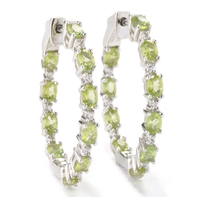 Sterling Silver 1.25-inch Peridot and White Zircon Hoop Earrings