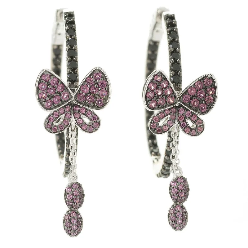 Sterling Silver Black Spinel and Rhodolite Butterfly Hoop Earrings