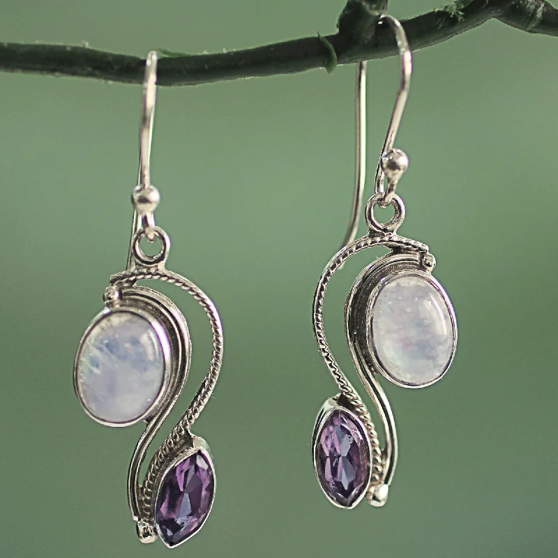 Sterling Silver 'Colorful Curves' Amethyst Rainbow Moonstone Earrings - Purple