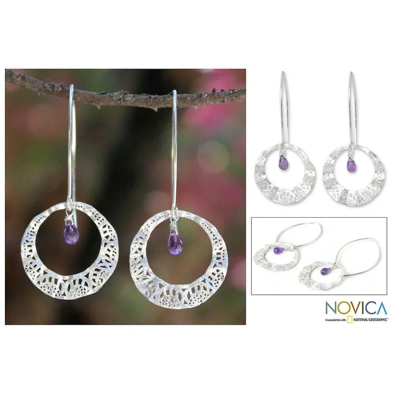 Sterling Silver 'Lanna Moon' Amethyst Dangle Earrings (Thailand)