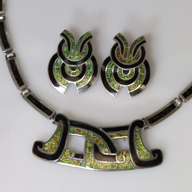 Vintage Margot de Taxco Silver Mexican Jewelry | Taxco Sterling and Enamel Necklace/Brooch and Earrings Jewelry Set