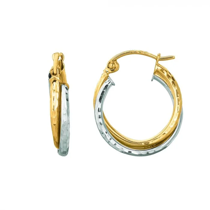 Two Tone Diamond Cut Gold Hoop Earrings