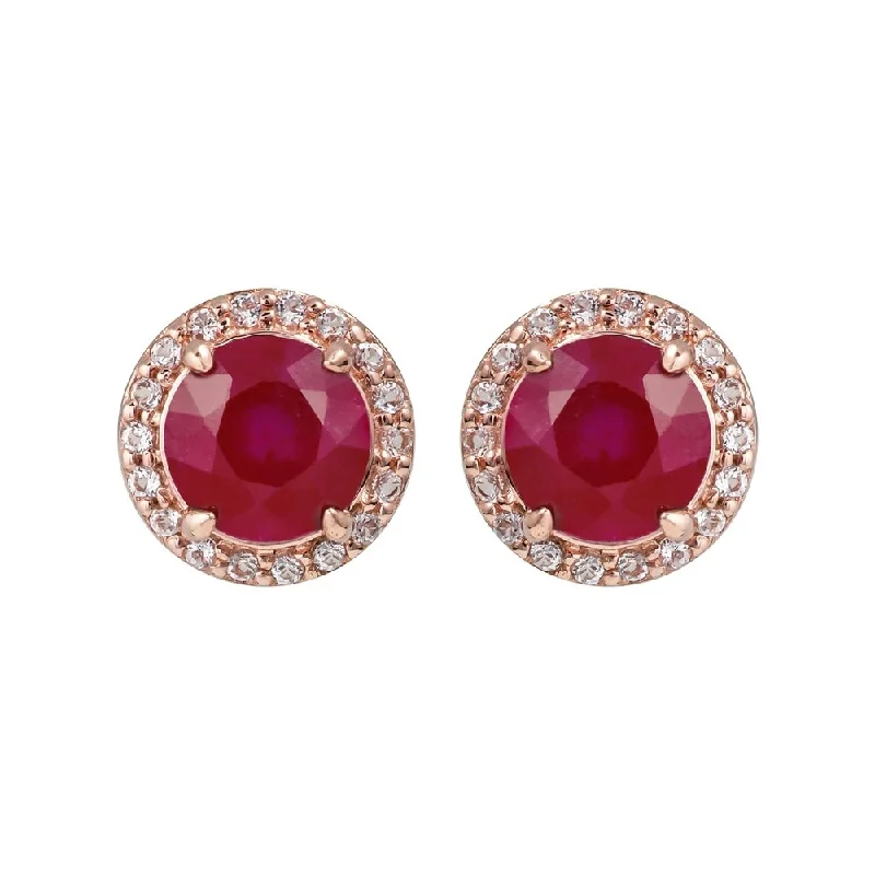 Viducci 10k Rose Gold Genuine Round Ruby and White Topaz Halo Earrings