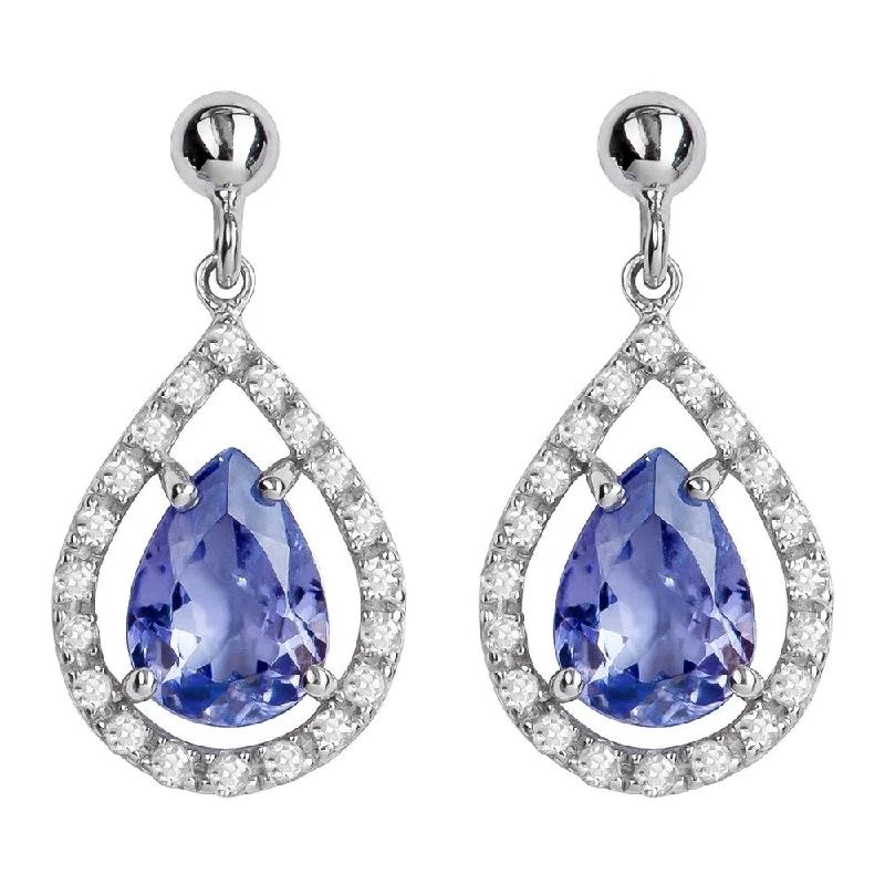 Viducci 10k White Gold Genuine Pear-Shape Tanzanite and Diamond Halo Dangle Earrings