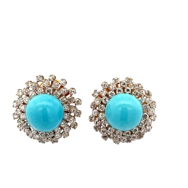 Vintage 1960s Yellow Gold and Palladium Turquoise and Diamond Clip-on Earrings