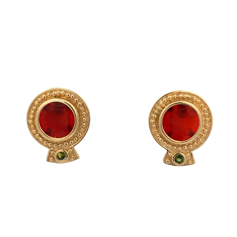 Vintage Carnelian Intaglio and Green Tourmaline Earrings in Yellow Gold