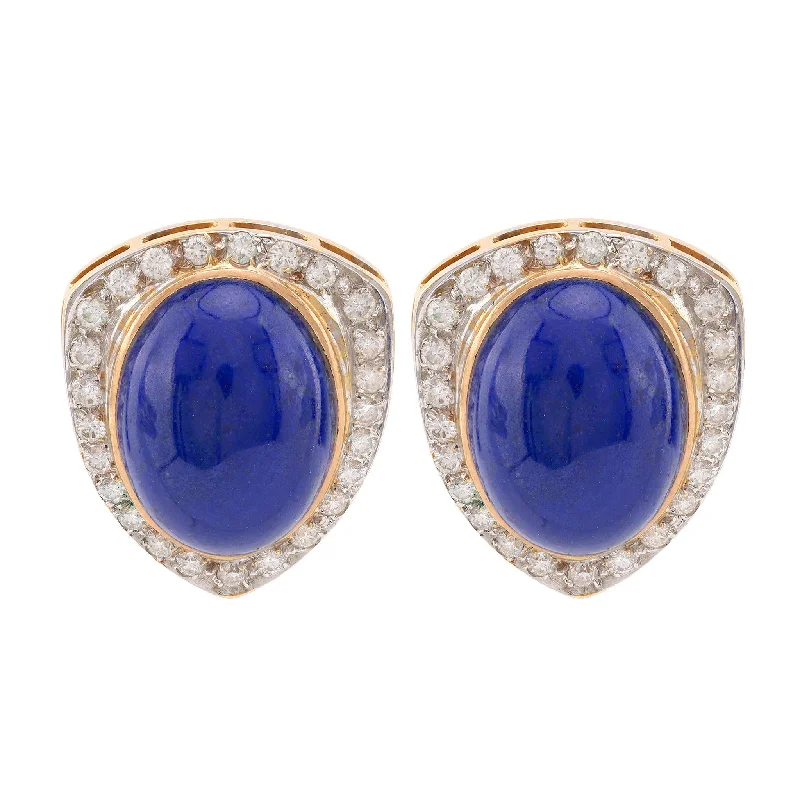 Vintage Lapis Lazuli Diamond 18K Yellow Gold Earrings