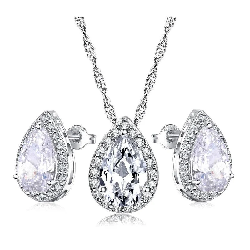 White Gold Teardrop Crystal Necklace and Teardrop Crystal Earring Set by Hollywood Sensation