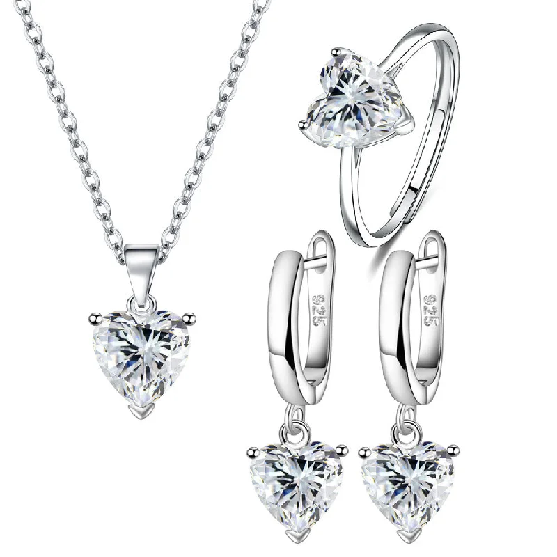 White Diamond (Pendant Necklace Ring Ear Clip) Set (Copper Plated White Gold) M3/M25/M47