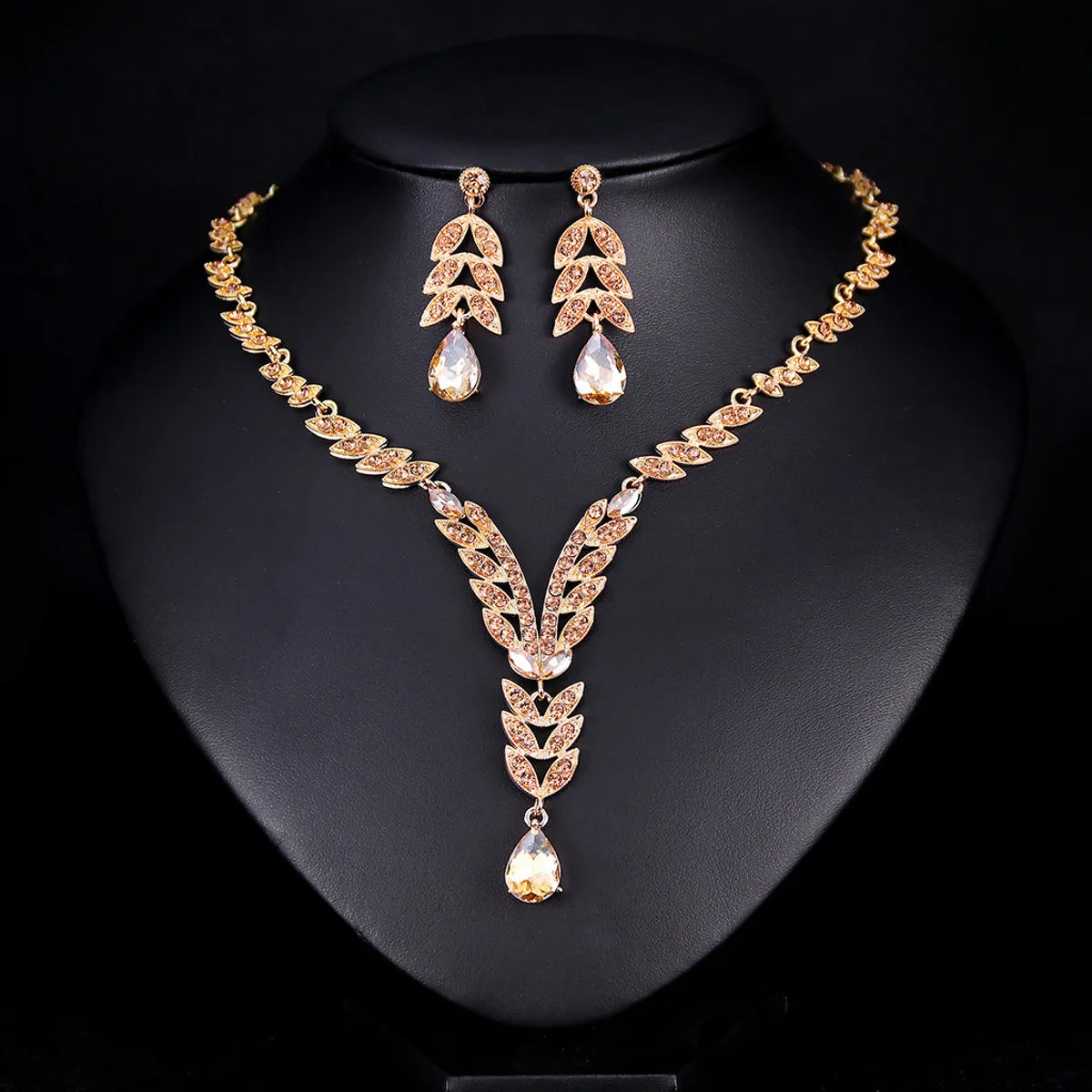 1 Set Elegant Leaf Water Droplets Alloy Glass Inlay Rhinestones Women's Earrings Necklace