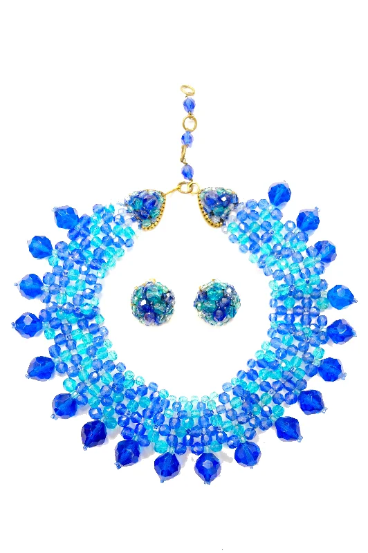 1960s Coppola e Toppo Blue Woven Crystal Necklace and Earrings