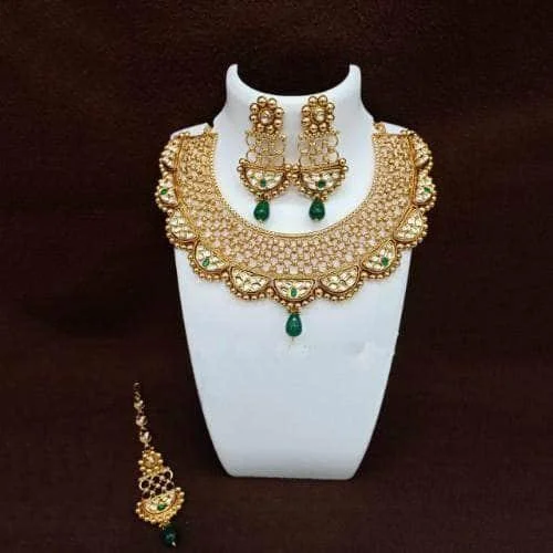 Antique Gold Semi Circular Kundan Necklace Earring And Teeka Set