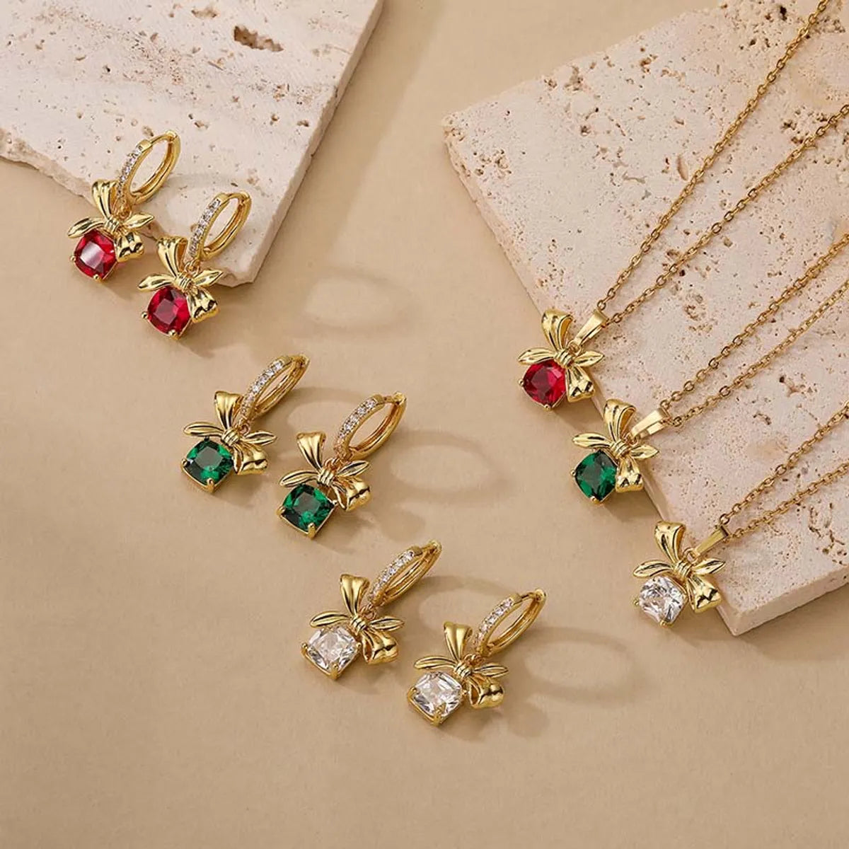 Casual Shiny Bow Knot Copper Plating Inlay Zircon 18k Gold Plated Earrings Necklace