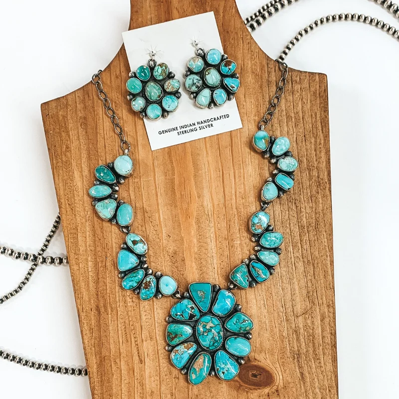 Marie Tsosie | Navajo Handmade Sterling Silver & Royston Turquoise Large Cluster Statement Necklace + Matching Earrings