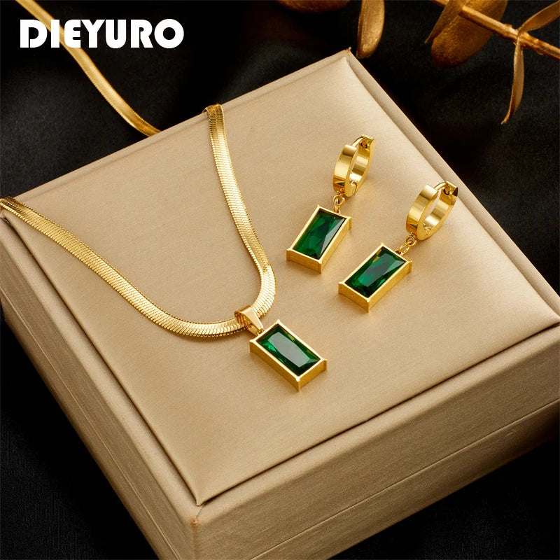 Stainless Steel Square Green Crystal Zircon Necklace Earrings For Women Girl New Fashion Non-fading Jewelry Set