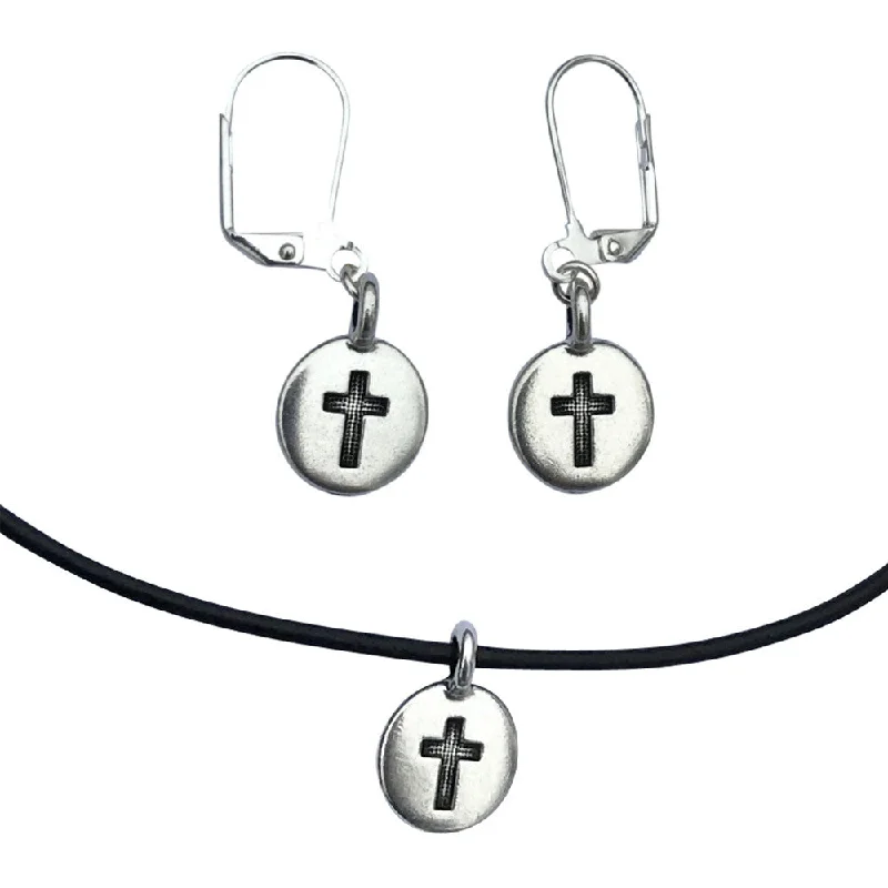 DragonWeave Cross Circle Charm Necklace and Earring Set, Silver Plated Black Leather Choker and Leverback Earrings