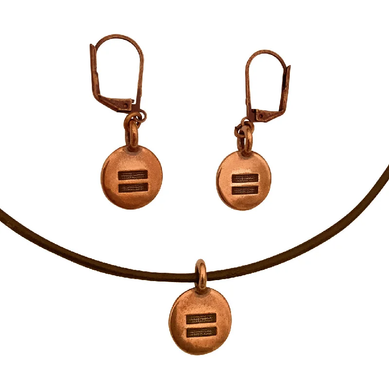 DragonWeave Equality Circle Charm Necklace and Earring Set, Antique Copper Brown Leather Choker and Leverback Earrings