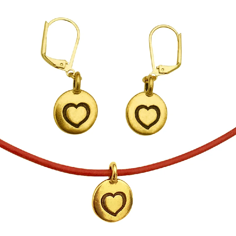 DragonWeave Heart Circle Love Charm Red Necklace & Earring Set, Gold Plated Red Leather